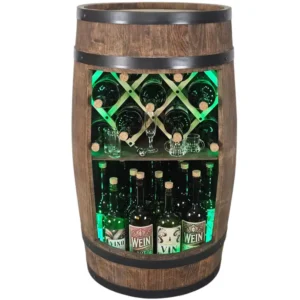 Otwarty barek z beczki z zielonym podświetleniem LED RGB i stojakiem na butelki