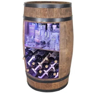 Barek z beczki z fioletowym światłem LED RGB i stojakiem na wino