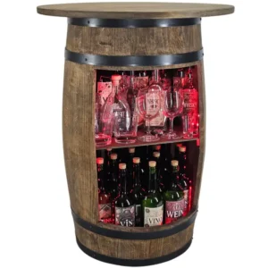 Drewniany barek barowy z blatem 62 cm i czerwonym światłem LED RGB