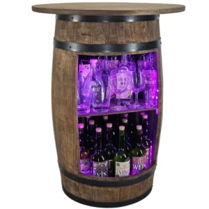 Drewniany barek z dużym blatem i fioletowym podświetleniem LED RGB