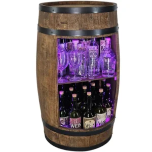 Drewniany barek z beczki LED RGB z fioletowym podświetleniem wnętrza