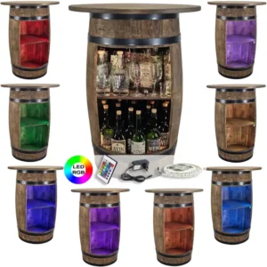 Drewniany barek z beczki z blatem 62 cm i różnymi kolorami LED RGB
