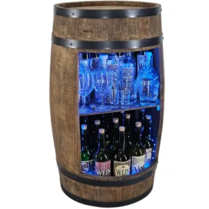Barek z beczki LED RGB z niebieskim światłem, butelkami i szkłem