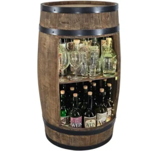 Barek z beczki LED RGB w kolorze wenge z butelkami i szkłem widoczny od frontu