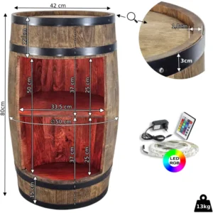 Schemat wymiarów drewnianego barku z beczki LED RGB w kolorze wenge