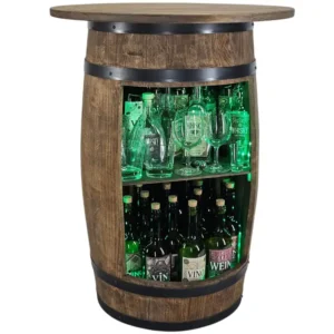 Drewniany barek z beczki z dużym blatem i zielonym podświetleniem LED RGB