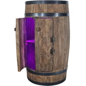Barek z beczki z drzwiczkami i fioletowym podświetleniem LED RGB
