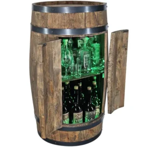 Barek z beczki z drzwiczkami LED RGB w kolorze wenge z zielonym podświetleniem wnętrza