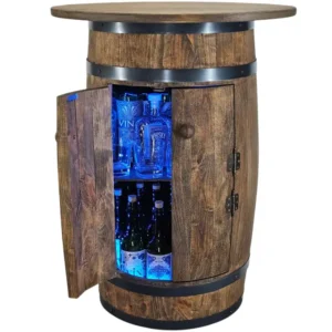 Drewniana szafka barowa w formie beczki z niebieskim podświetleniem LED RGB.