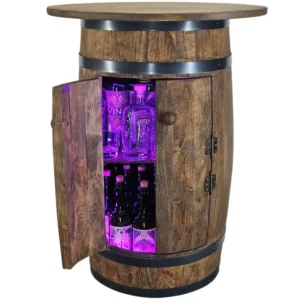 Drewniana szafka barowa w formie beczki z drzwiczkami, blatem i oświetleniem LED RGB.