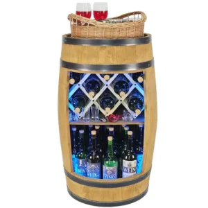 Drewniany barek z beczki na alkohol z oświetleniem LED RGB, tacą wiklinową i stojakiem na wino w kolorze jasny dąb