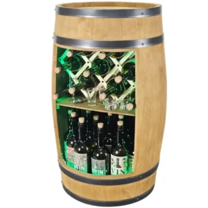 Drewniany barek z beczki z zielonym oświetleniem LED RGB, półką i miejscem na butelki