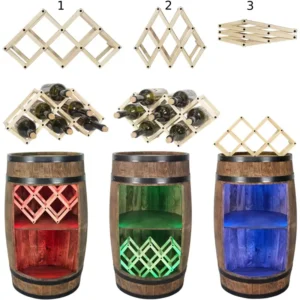 Rozkładany drewniany stojak na wino do barku z beczki LED RGB