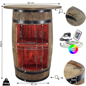 Wymiary drewnianego barku z beczki z blatem 62 cm, LED RGB i wagą 16 kg