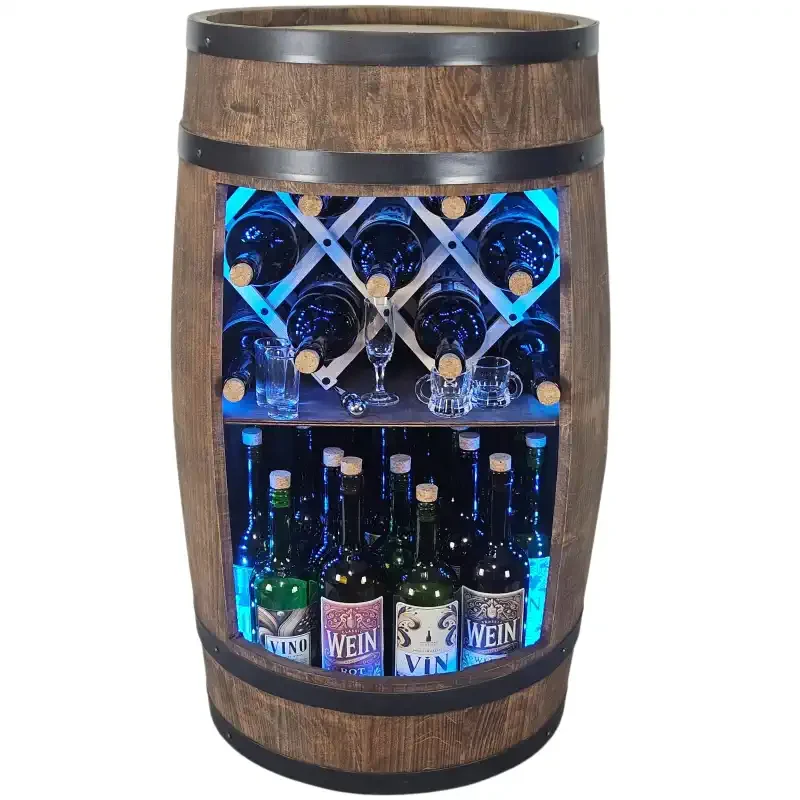 Regał na alkohol z beczki drewnianej z podświetleniem LED RGB i rozkładanym stojakiem na wino.