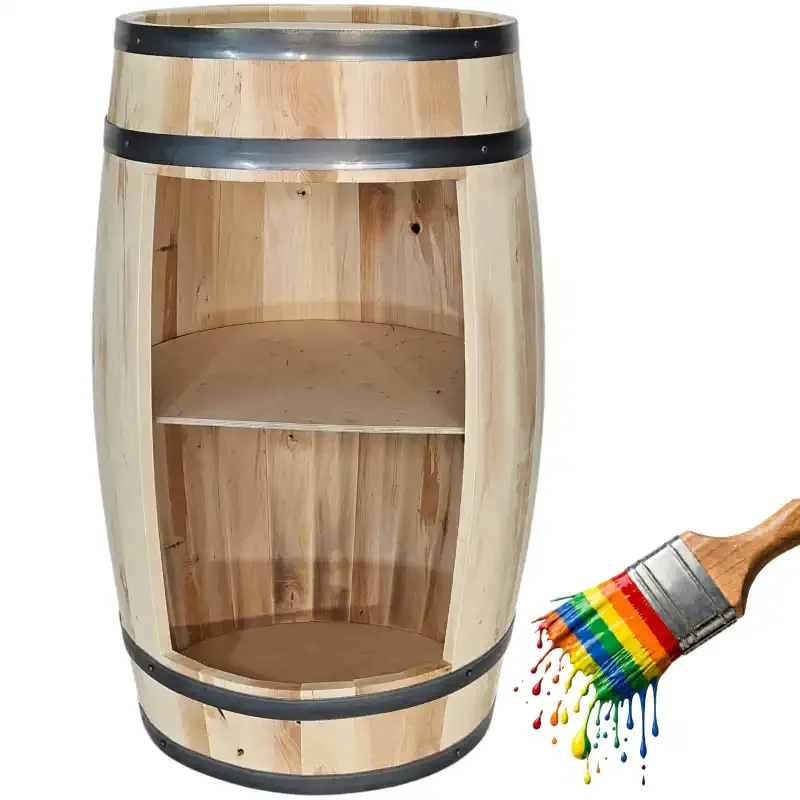 Surowa beczka drewniana barek na alkohol do pomalowania z półką i butelkami wina.