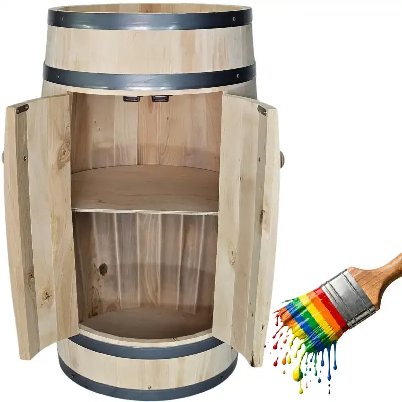 Surowa beczka z drzwiami barek na alkohol do pomalowania DIY z półką i butelkami wina.