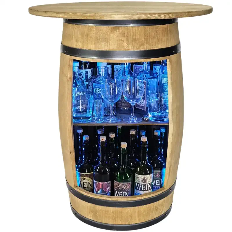 Drewniany barek beczka na alkohol z blatem zewnętrznym 62 cm i oświetleniem LED RGB.